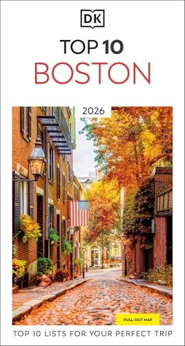 DK Top 10 Boston guidebook featuring a cobblestone street and fall foliage.