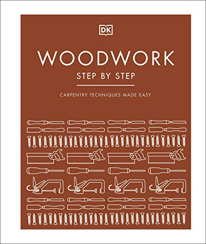 Book cover titled Woodwork Step by Step with white line art of carpentry tools.