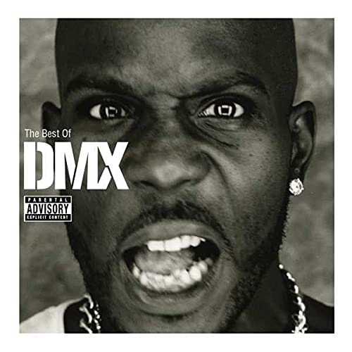 Black and white close-up portrait of DMX with text overlay The Best Of DMX.