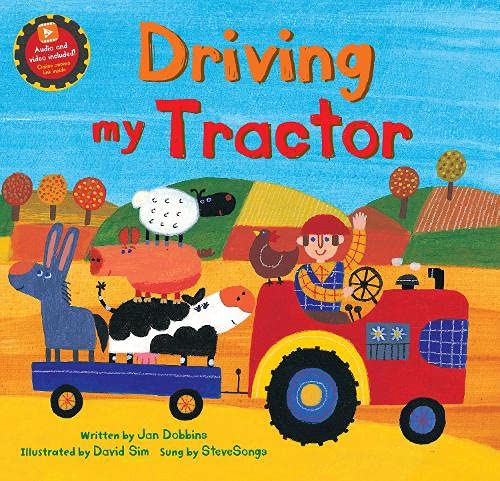 A farmer drives a red tractor pulling a trailer filled with farm animals.