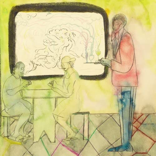 Painted album cover depicting three figures in a hazy, indoor scene.