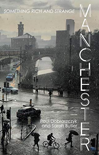 Book cover showing a rainy cityscape of Manchester with pedestrians and cars.