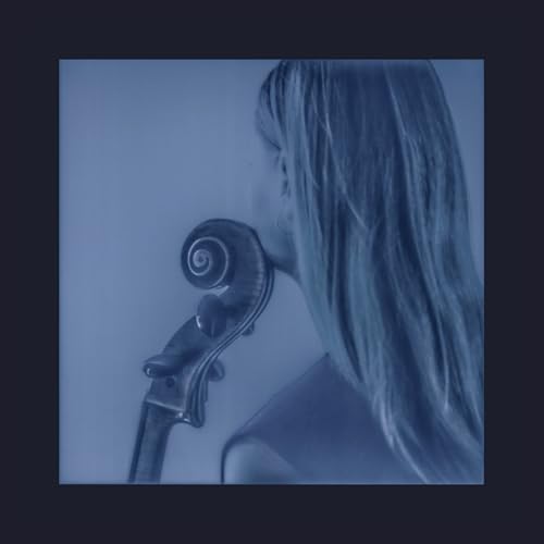 Close-up of a woman with long hair and a cello, in blue tones.