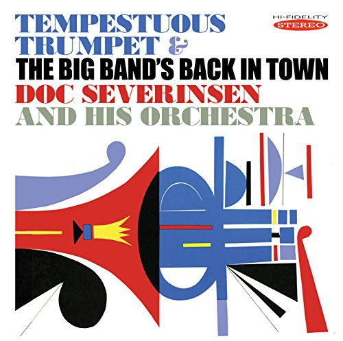 Album cover with blue and red abstract trumpet illustration and bold text on white.