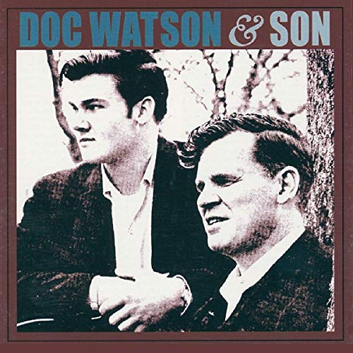 Doc Watson and son, Merle Watson, in a black and white portrait.
