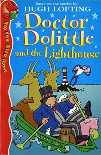 Book cover: Doctor Dolittle with animals in a boat near a lighthouse.