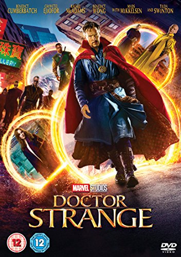 Doctor Strange DVD cover featuring Benedict Cumberbatch in a blue and red costume.