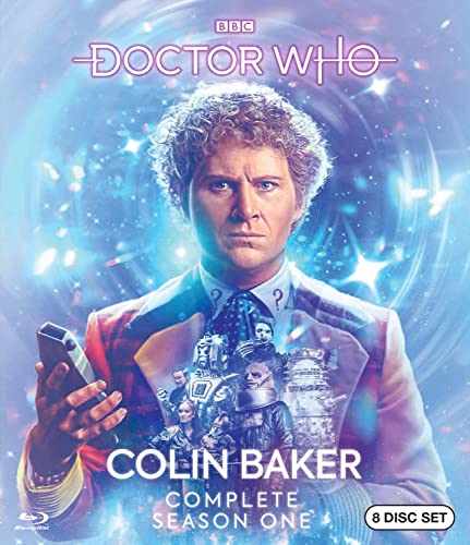 Doctor Who Blu-ray cover featuring Colin Baker and characters from Season One.