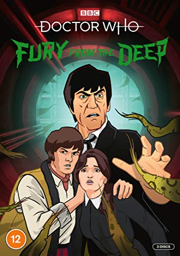 Animated Doctor Who DVD cover featuring the Second Doctor, Jamie, and Victoria with seaweed.
