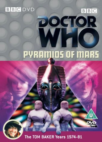 Doctor Who Pyramids of Mars DVD cover featuring an Egyptian mask and two mummies.