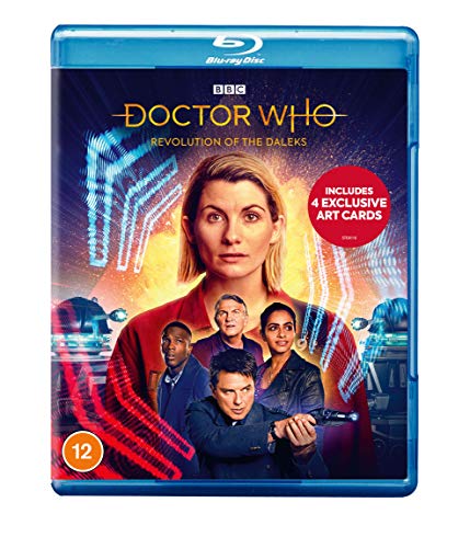 "Blue-ray disc case with 'Doctor Who: Revolution of the Daleks' cover art featuring characters."