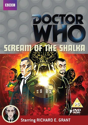 Doctor Who DVD cover: animated characters, TARDIS, and fiery background.
