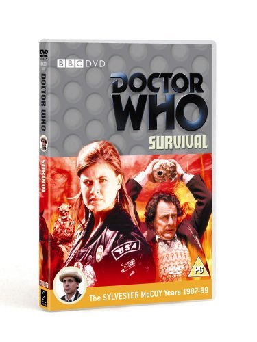 Doctor Who Survival DVD cover featuring Sylvester McCoy and Sophie Aldred against fiery background.