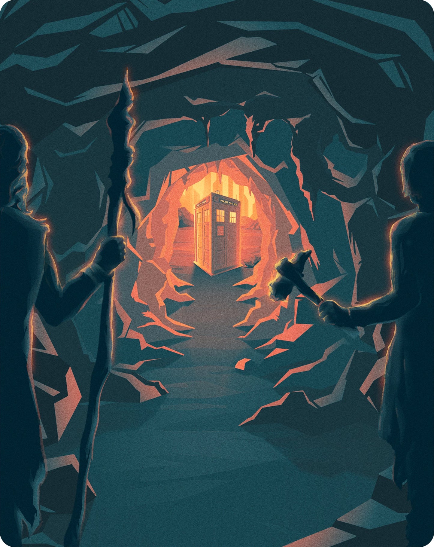 Doctor Who TARDIS inside a glowing, jagged cave, illustrated artwork.