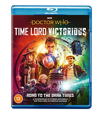 "Blue Doctor Who Blu-ray case with colorful cover art featuring characters and a robot."