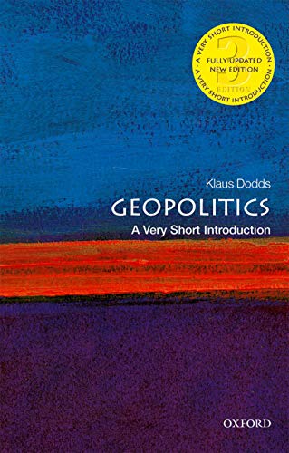 Book cover for Geopolitics: A Very Short Introduction with blue, red, and purple abstract background.