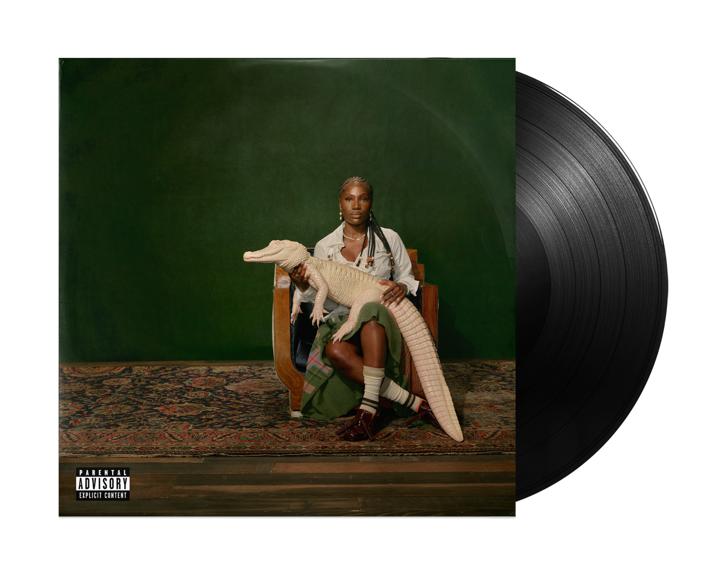 Doechii album cover featuring a woman with an alligator, vinyl record beside.
