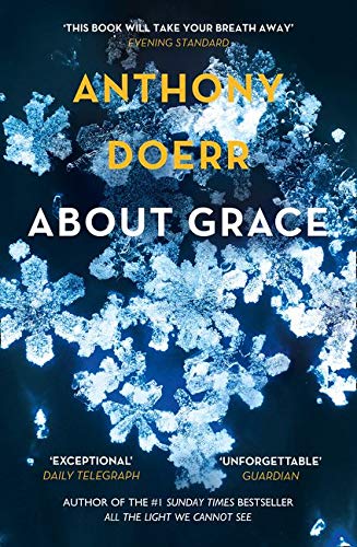Book cover for "About Grace" with a blue snowflake background.