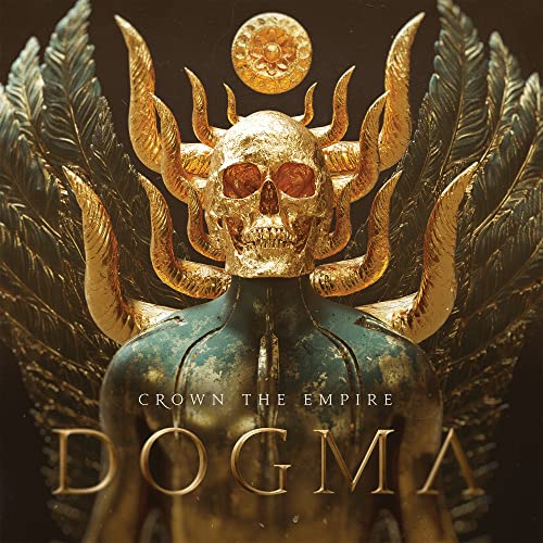 Golden skull with feathered wings, album cover for Crown The Empire’s “Dogma”.