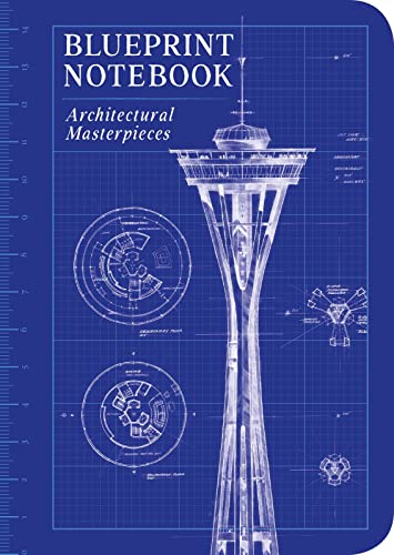Blue notebook cover with architectural blueprints and a tower illustration.
