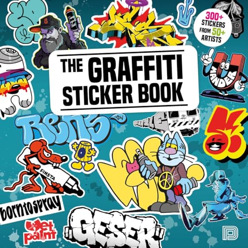 Colorful sticker book cover with graffiti art, spray cans, and cartoon characters.
