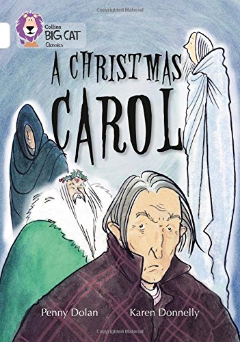 Book cover: “A Christmas Carol” illustration with Scrooge and ghosts.