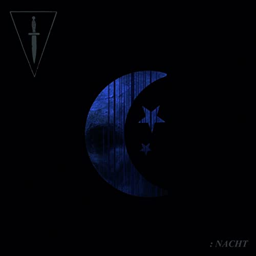 A blue crescent moon and two stars on a black background with a dagger icon.