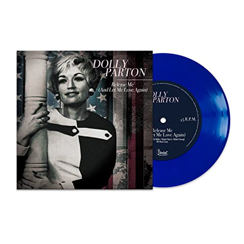 Dolly Parton album cover and blue vinyl record against a white background.