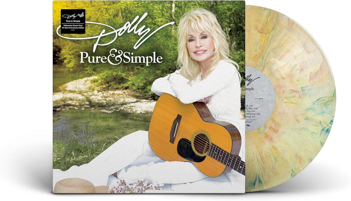 Dolly Parton album cover and marbled vinyl record shown at angle.