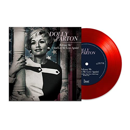 Dolly Parton vinyl record with red disc and album cover featuring her portrait.