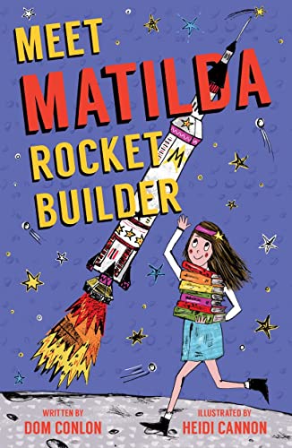 Book cover: girl with books and a launching red and white rocket.