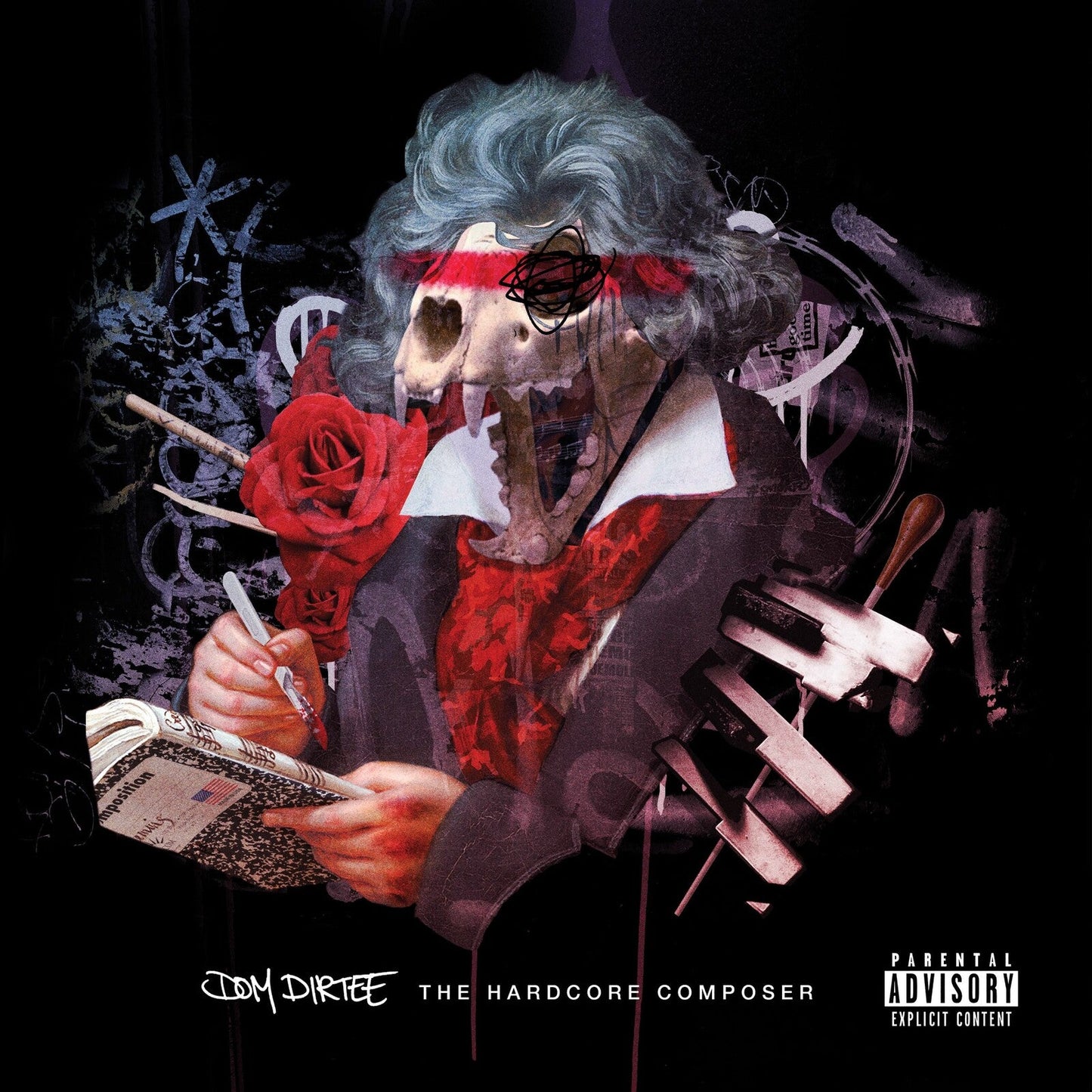 Skull wearing a wig and suit, holding a rose and sheet music.