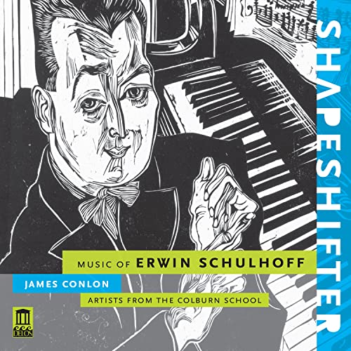 Black and white woodcut style illustration of a man sitting at a piano.