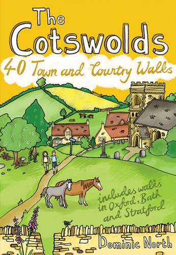 Book cover with illustrated Cotswolds landscape, village, and walking figures.