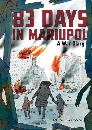 A person holding hands with two children walking through a war-torn, burning city.
