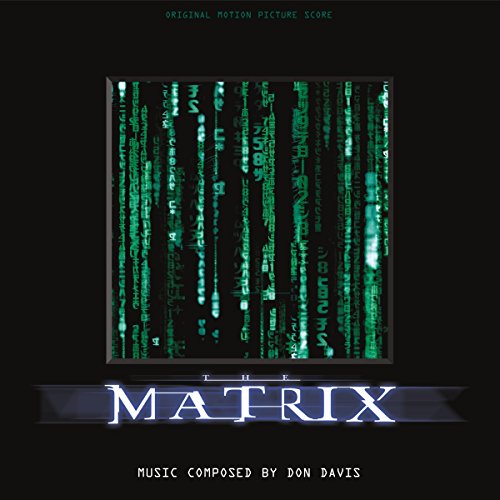“The Matrix” soundtrack vinyl cover with cascading green code and title.