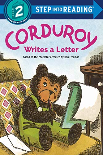 Corduroy the bear writes a letter with a green pen.
