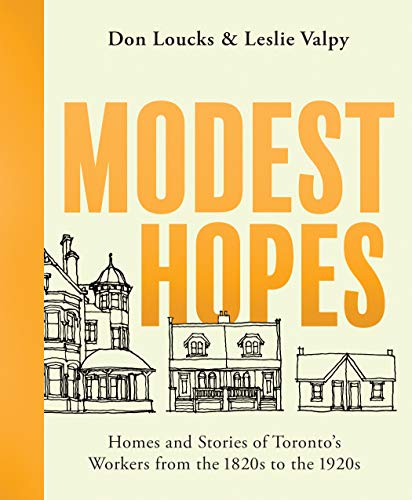 Book cover: "Modest Hopes" with sketched houses and orange text.