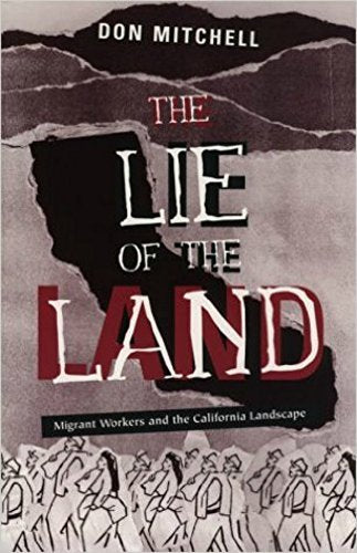 Book cover: "Lie of the Land" with text and sketched migrant workers.