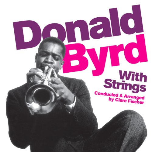 Donald Byrd playing the trumpet on a music album cover with purple and pink text.