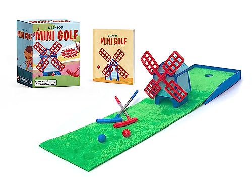 Desktop mini golf set with green turf, windmill obstacle, two putters, and balls.