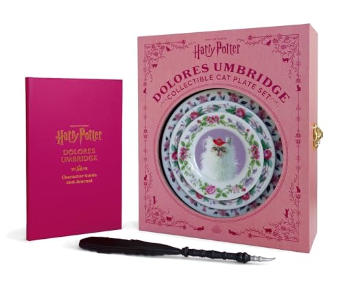 Pink gift box with stacked cat-themed plates and quill pen.