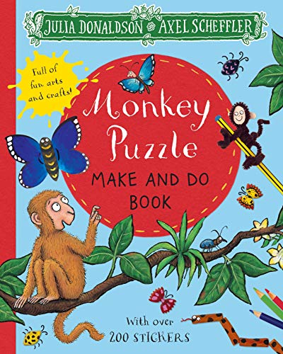 Monkey Puzzle" book cover with monkey, butterflies, and crafting elements.