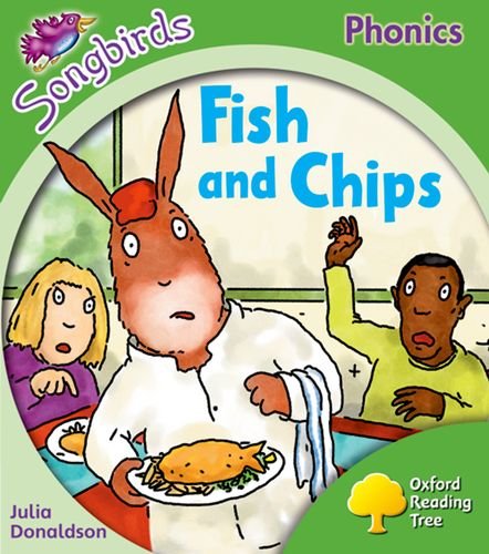 Book cover for Songbirds Phonics Level 2 Fish and Chips featuring a donkey waiter.
