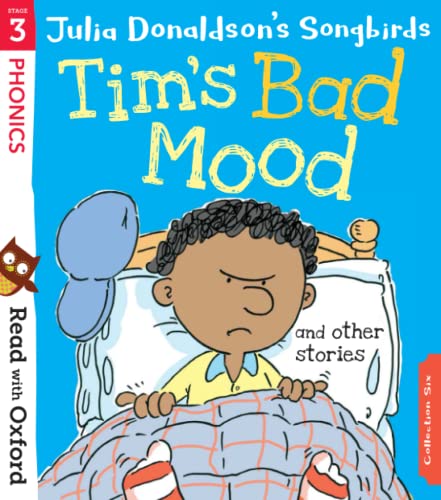 Book cover featuring a grumpy boy in bed with the title Tim's Bad Mood.