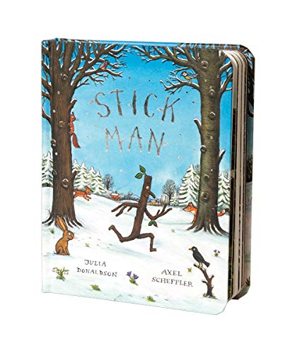Stick Man" book cover with a stick figure running through a snowy forest.