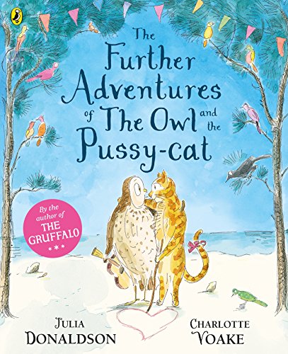 Book cover: owl and striped cat embracing beneath trees and birds.