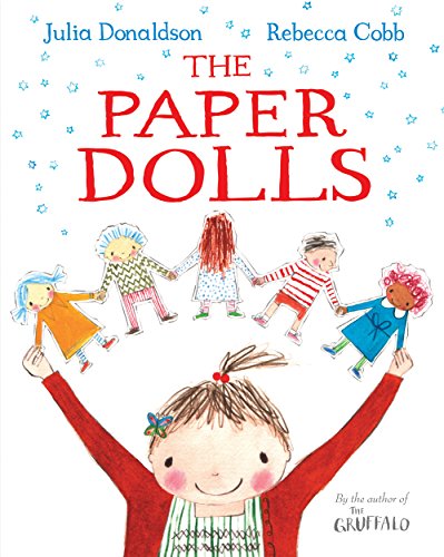 Book cover with a girl holding colorful paper dolls aloft.