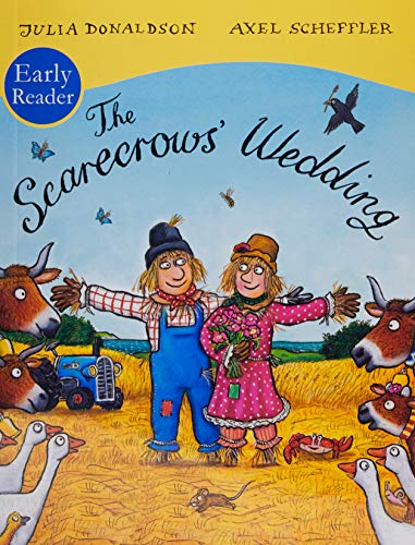 Book cover showing two scarecrows in wedding attire surrounded by farm animals.