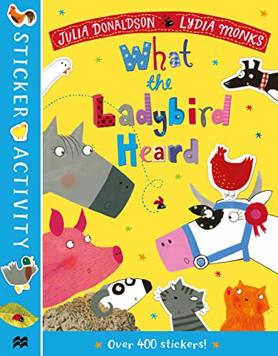Sticker book cover featuring farm animals and a ladybird, bright yellow background.